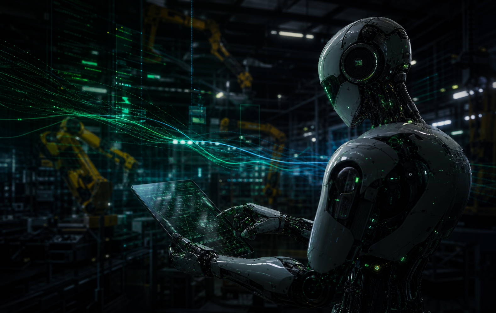 Industrialny panel AI z produkcją, systemami ERP MES WMS i kodem